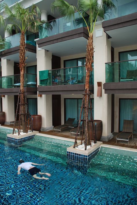 Hotel in Thailand, great concept - swimming pool right outside your hotel room - just step out and jump into the pool Swimming Pool In Hotel, Beach Hotel Exterior, Beach Resort Exterior, Hotel Outside Design, Hotel Villa, Concept Hotel, Hotel Swimming Pool Design, Beach Hotel Room Design, Hotel Outside