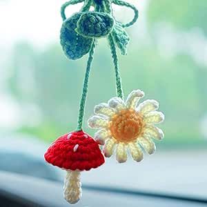 Interior Car Decor, Car Mirror Hanging Accessories, Car Mirror Hanging, Mirror Accessories, Crochet Mushroom, Rear View Mirror Accessories, Handmade Plant, Mirror Hanging, Accessories Cute