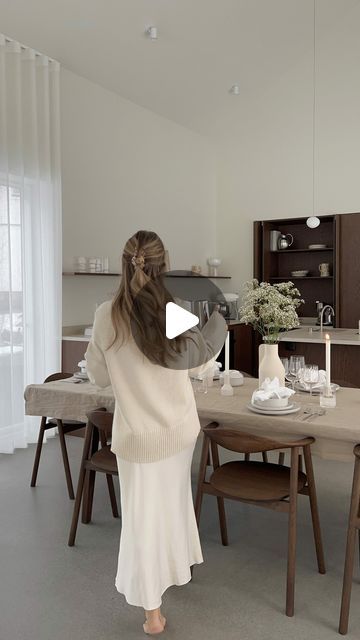 New Scandinavian Design on Instagram: "@emmamelins has styled her beautiful home with the Graceful dining table and Swing chairs in a new, dark shade that will soon launch as part of our 2024 Spring Collection. Stay tuned for new design icons, a captivating colour palette, and lots of inspiration for spring renewal on March 4th 🌿⁣ ⁣ Here, she sets the table with a Soft Collection tablecloth, Forma plates, Fluent cutlery, Rheolog glasses and carafe, and the Falda vase and candleholders.⁣ ⁣ 🤍 #Bolia #SS24" Hay About A Chair Dining Rooms, Ch24 Wishbone Chair, Hans Wegner Chair Dining Rooms, Wegner Wishbone Chair, Bedside Table Decor, Bedroom Color Combination, Grey Couch Living Room, Living Room Transformation, Grey Couches