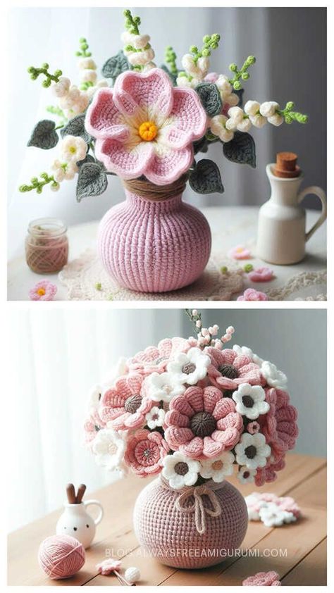 Amigurumi Flower Free Crochet Pattern - Amigurumi Crochet Vase Flowers Free Pattern, Crochet Floral Arrangements, Crochet Flower Centerpiece, Crochet Flower Bouquet In Vase, Easy Crochet Flower Bouquet, Crochet Flowers Pot, Flower Pot Crochet Pattern Free, Crochet Flower Amigurumi, Crochet Vase Pattern Free