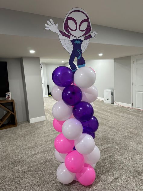 Spider Gwen Balloon Garland, Ghost Spider Party Decorations, Ghost Spider Birthday Party Favors, Ghost Spider Valentine Box Ideas, Ghost Spider Decorations, Ghost Spider Piñata, Ghost Spider Birthday Party Food, Girl Spidey Birthday Party, Girl Spider Man Birthday Party