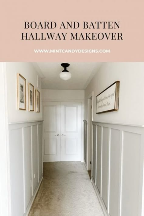 Batten Hallway, Hallway Board And Batten, Board And Batten Hallway, Hallway Panelling, Hallway Makeover, Narrow Hallway Decorating, Board And Batten Wall, Upstairs Hallway, Hallway Designs