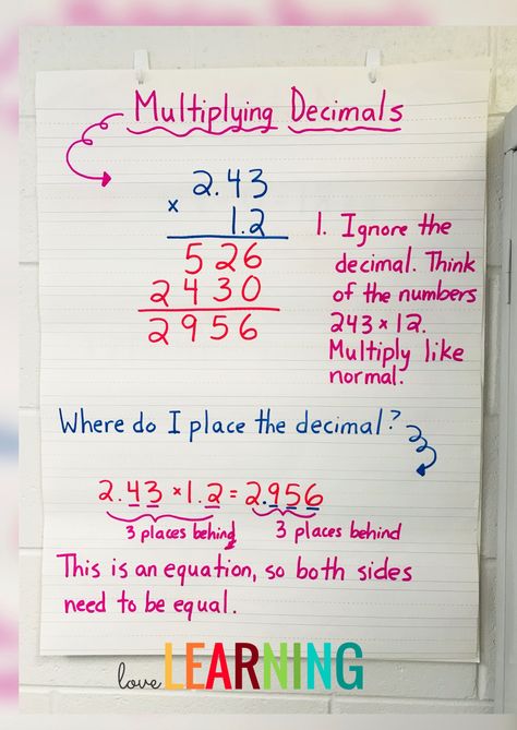 Multiplying Decimals Anchor Chart, Multiplying Decimals Activities, Decimals Anchor Chart, Decimal Multiplication, Multiplication Worksheet, Multiplying Decimals, Math Decimals, Sixth Grade Math, Math Charts