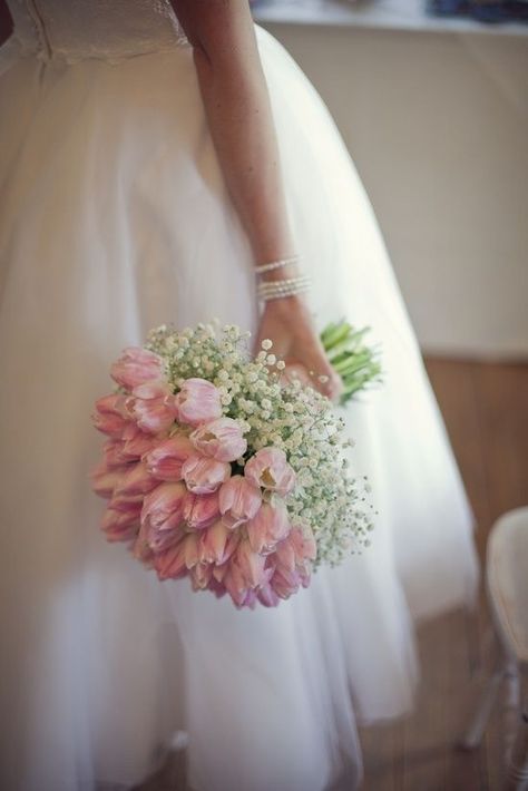 These 10 Bridal Bouquets Are Filled With Style and Baby’s Breath! | PreOwned Wedding Dresses Tulip Wedding, Romantic Wedding Flowers, Babies Breath, Tulip Bouquet, Pink Bouquet, Baby's Breath, Pink Tulips, Bride Bouquets, Beautiful Bouquet