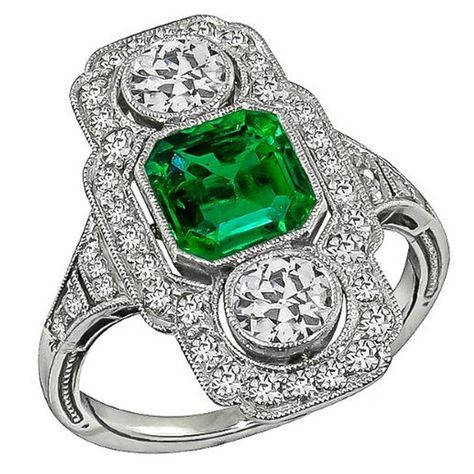 Enticing Art Deco Emerald Diamond Ring | From a unique collection of vintage three-stone rings at https://www.1stdibs.com/jewelry/rings/three-stone-rings/ Art Deco Emerald, 3 Stone Diamond Ring, Edwardian Ring, Stone Diamond Ring, Emerald Diamond Ring, Vintage Style Rings, Vintage Diamond Rings, Ring Art Deco, Antique Engagement