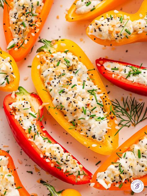 Stuffed Mini Peppers Bell Pepper Finger Food, Stuffed Small Peppers With Cream Cheese, Mini Bell Peppers With Cream Cheese, Sweet Bell Pepper Recipes Mini, Stuffed Mini Peppers Appetizers Cold, Shrimp Boil Foil, Beet Salad Recipes, Caprese Skewers, Guilt Free Snacks