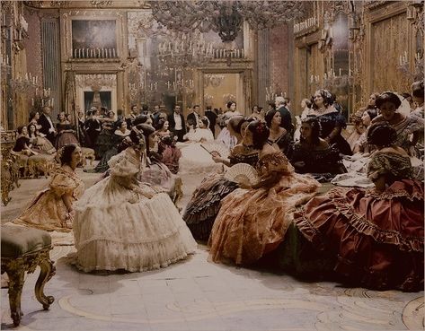 Countless ladies chitchatting in a ballroom, dressed in large hooped ballgowns Royal Core Aesthetic, 1800s Aesthetic, The Bridgertons, Aesthetic Queen, Era Victoria, Royalty Core, Royal Core, Medieval Aesthetic, Fairytale Aesthetic