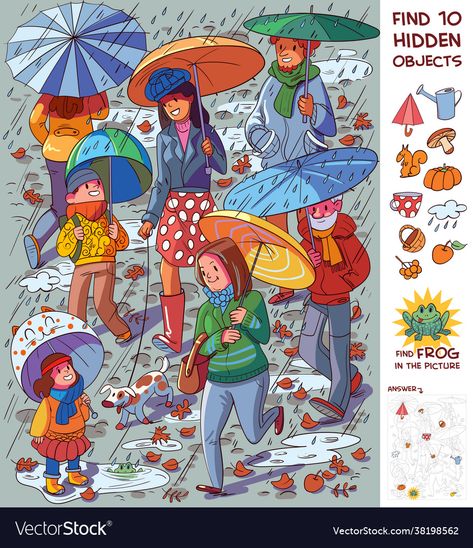 People With Umbrellas, Find The Difference Pictures, Hidden Picture Games, Funny Games For Groups, Find The Hidden Objects, Hidden Picture Puzzles, English Teaching Materials, Picture Puzzle, Funny Cartoon Characters