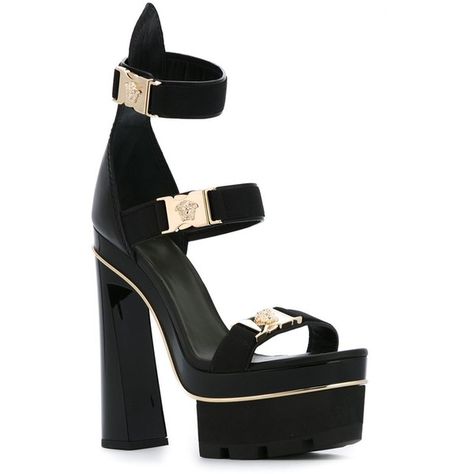 Versace Medusa Tri-Strap Platform Sandals (70,635 DOP) ❤ liked on Polyvore featuring shoes, sandals, black leather shoes, black platform shoes, black sandals, leather platform sandals and block heel platform sandals Heel Collection, Versace Sandals, Block Heel Platform Sandals, Shoes Fashion Photography, Shoes Heels Classy, Sandals Platform, Heels Classy, Stunning Shoes, Black Leather Sandals