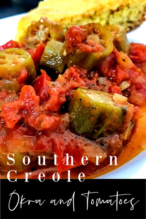 You'll love this easy Southern dish from the deep South! Call it smothered or stewed okra and tomatoes with a Creole spin!   #easyokraandtomatoesrecipe #southerndish #deepsouthdish #smotheredokraandtomatoes #stewedokraandtomatoes #tomatoesandokrarecipe #easytomatoesandokrarecipe #southerncomfortfood Okra With Tomatoes, Creole Okra And Tomatoes, Ground Beef Okra Recipe, Tomatoes And Okra Over Rice, Canned Tomato And Okra Recipe, Okra And Tomatoes Southern With Sausage, Tomatoes And Okra Stewed, Tomato Okra Stew, Southern Okra And Tomatoes Recipe