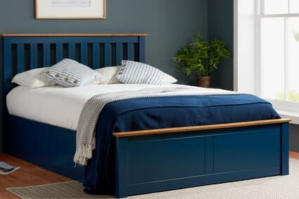 Birlea Phoenix Navy Blue Ottoman Bed Wooden Ottoman, Tidy Bedroom, Bed Frame Sizes, Navy Bedding, Blue Ottoman, Storage Beds, Blue Bed, Bedroom Blue, Small Double Bed