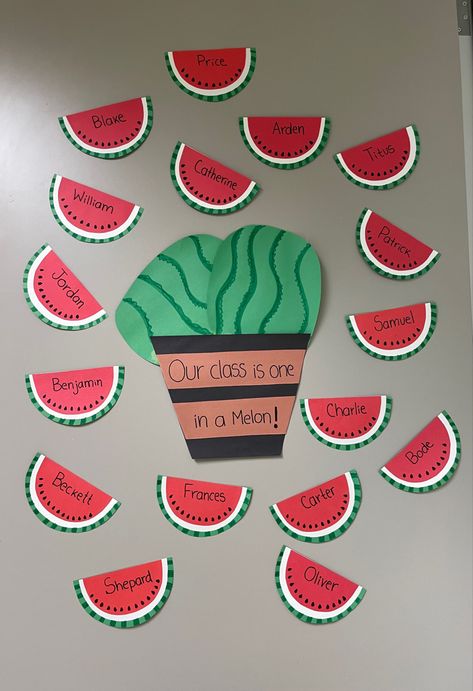 Watermelon Board Ideas, Summer Time Door Decorations For School, Fruit Door Decorations Classroom, Class Room Decoration For Children Day, Watermelon Door Decorations Classroom, Watermelon Classroom Theme, Fruit Day Decoration In School, First Day Of School Door Decorations, Fruit Classroom Theme