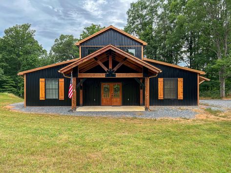 Wood Trims, Accents, Beams, and Posts. Image via Barndominium Living Facebook group by Maureen S. Copper Roof Barndominium, Barndo Exterior Colors, Mountain Barndominium, Copper Metal Roof, Cabin Aesthetics, Wooden Window Shutters, Shutter Hardware, Siding Ideas, Window Shutter