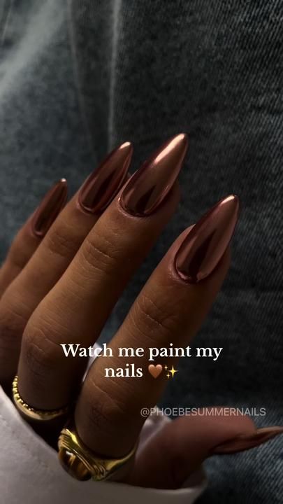 Chrome Nails With Highlighter, Brown And Gold Chrome Nails, Metallic Copper Nails, Copper Metallic Nails, Brown Nail Polish Ideas, Copper Chrome Nails Fall, Almond Acrylic Nails Chrome, Moscow Mule Nails Chrome, Brown Crome Nails Design