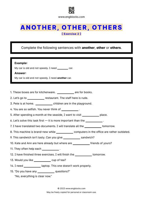 #anotherotherothers #anotherotherothersworksheet #english #englishgrammar #esl #eslworksheet #engblocks #eslwebsite English Grammar Exercises, Adjective Worksheet, Grammar Exercises, English Exercises, English Language Learning Grammar, Values Education, English Grammar Worksheets, Complete Sentences, Grammar Worksheets