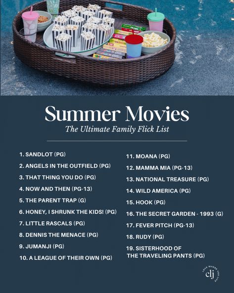 Throwing an Outdoor Movie Night + My Ultimate Summer Family Flick List - Chris Loves Julia Summer Movies List, Family Movie Night Ideas, Movie Meals, Summer Movie Night, Dive In Movie, Pool Movie, Movie Night Theme, Outdoor Movie Night, Outdoor Movie Theater