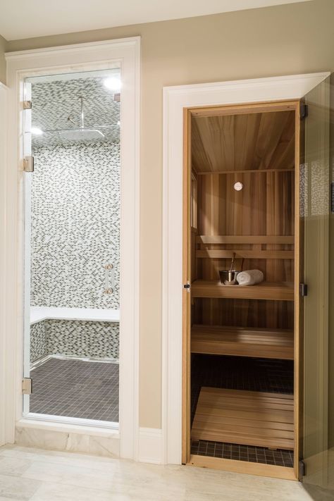 Steam Shower Sauna Bathroom, Shower And Sauna Bathroom, Sauna In Primary Bathroom, Bathroom Remodel With Sauna, Spa Bathroom Layout, Sauna Bathroom Ideas Small Spaces, Small Bathroom Sauna, Sauna Style Bathroom, Small Sauna In Bathroom