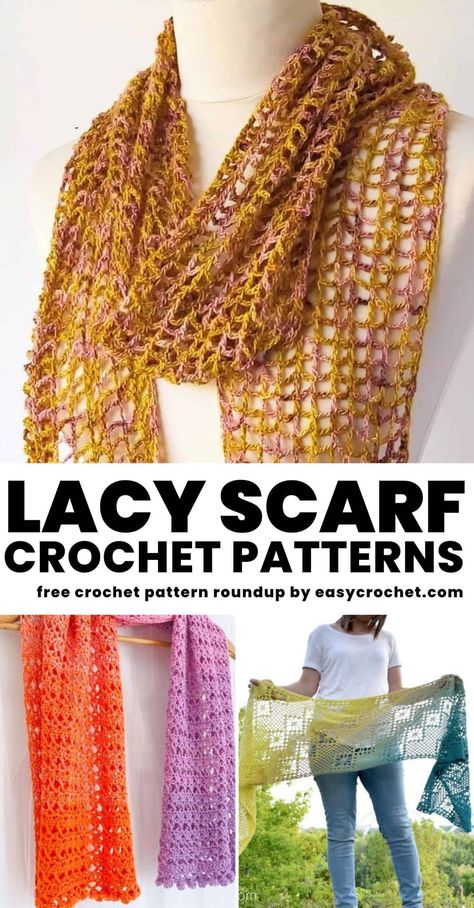 Crochet Lacy Scarf, Crochet Scarf Pattern Free Easy, Crochet Infinity Scarf Free Pattern, Crochet Lace Scarf Pattern, Crochet Triangle Shawl, Crochet Scarf Patterns, Crochet Scarf For Beginners, Fancy Scarf, Lace Shawl Pattern