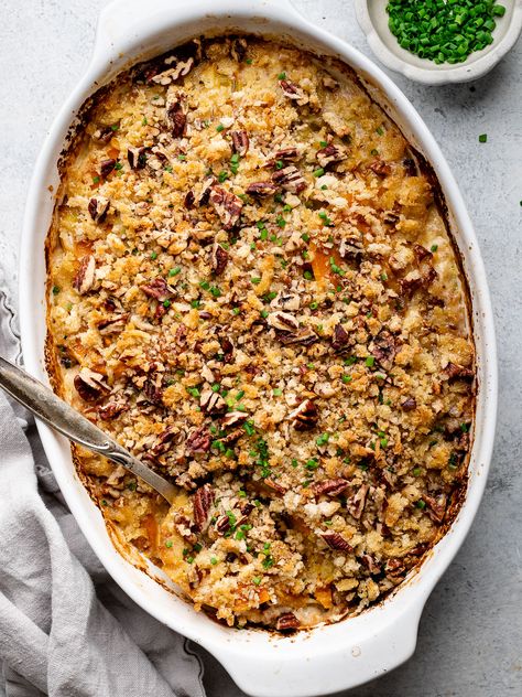 Butternut Squash Gratin - Sandra Valvassori Squash Gratin, Butternut Squash Gratin, Turkey Time, Side Recipes, Butternut Squash, Food For Thought, New Recipes, Thanksgiving, Fish