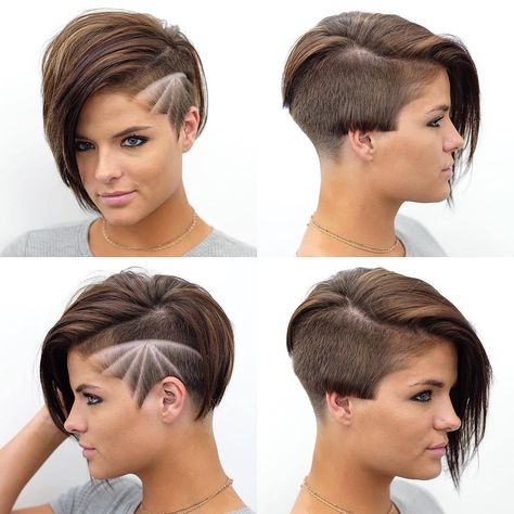 Long Top Shaved Sides Asymmetrical Cut Very Short Bangs, Shaved Pixie, Curly Pixie Hairstyles, Undercut Designs, Shaved Hair Designs, Pixie Cut With Bangs, Layered Hairstyles, Short Layered, Short Layered Haircuts