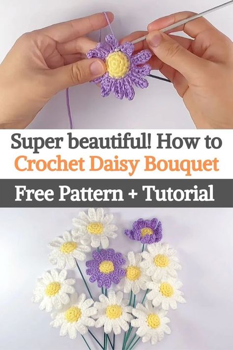 Free Patterns For Crochet Flowers, Amigurumi Daisy Flower, Crochet A Bouquet Of Flowers, How To Crochet A Bouquet Of Flowers, Crochet Mini Bouquet Free Pattern, Amigurumi Flower Bouquet, Crochet Bouquet Free Pattern, Crochet Daisy Flower Free Pattern, Crochet Flower Daisy