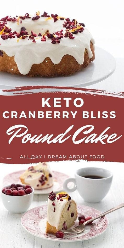 Cranberries, orange, and cream cheese, oh my! This gorgeous keto bundt cake is bound to the the star of your holiday table. Keto Christmas Cake, Keto Bundt Cake Recipes, Keto Bundt Cake, Keto Sweet Snacks, Cranberry Orange Pound Cake, Bundt Cake Mix, Keto Cranberry, Easy Bundt Cake Recipes, Cranberry Bliss