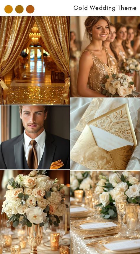 Gold wedding theme ideas for a luxurious, elegant celebration. Classic Themed Wedding, Cream Color Wedding Theme, Gold And Silver Wedding Theme, Extravagant Invitations, Dark Yellow Wedding, Golden Hour Wedding Theme, Wedding Colors With Gold, Brown And Gold Wedding Theme, Royalty Theme Wedding