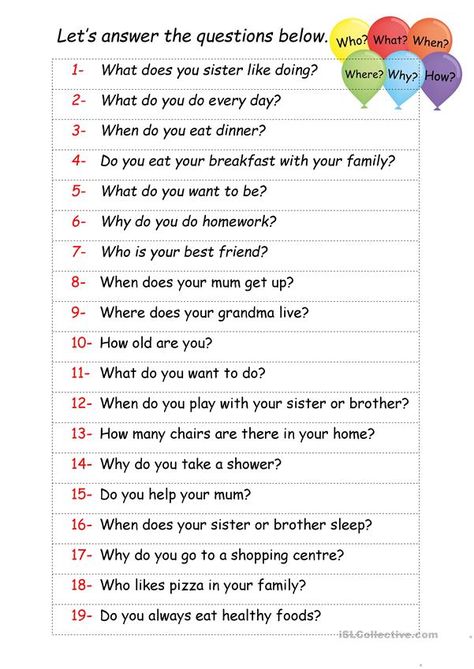 QUESTIONS WORDS / SPEAKING ACTIVITY - English ESL Worksheets for distance learning and physical classrooms Speaking Activities Esl, Speaking Activities English, Speaking Cards, English Conversation Learning, Speaking Activity, Education Tools, Esl Teaching Resources, English Teaching Materials, Discussion Starters