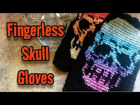 Crochet Skull Fingerless Gloves - YouTube Skull Scarf Crochet, Crochet Skeleton Gloves, Fingerless Gloves Skeleton, Crochet Skull Fingerless Gloves Free Pattern, Crochet Skull Gloves, Skull Fingerless Gloves Crochet Patterns, Skull Hand Warmers Crochet, Crochet Skull, Gloves Pattern