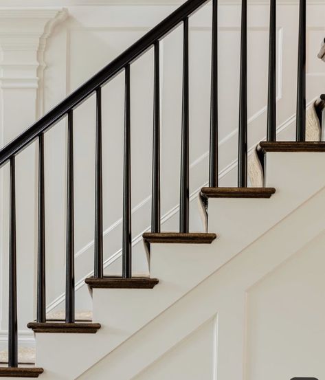 Traditional Stairs, Modern Vintage Interior, Railings For Stairs, Modern Vintage Interior Design, Painted Stair Railings, Black Stair Railing, Wood Railings For Stairs, Boston Interior Design, Stair Spindles