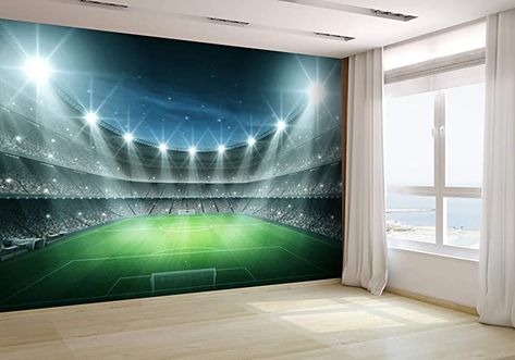 Football Stadium Wallpaper, Top Floor Bedroom, Boys Bedroom Wallpaper, Kid Friendly Living Room, Stadium Wallpaper, Wallpaper Walls Bedroom, Football Room, Football Rooms, Boy's Rooms