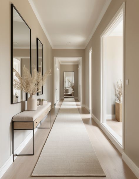 41 Long Hallway Ideas to Transform Your Space: Creative Design Tips and Tricks Long Hallway House, Long Dark Corridor Ideas, Condo Corridor Interior Design, Large Open Hallway Ideas, Beautiful Home Entrance, Long Hallway Accent Wall Ideas, Long Corridor Ideas Interior Design, Long Wide Hallway Ideas, Coridorio Design Home