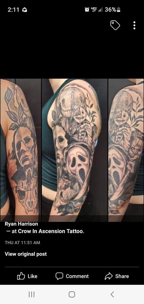 Horror Movie Half Sleeve Tattoo, Horror Half Sleeve Tattoo, Horror Arm Sleeve Tattoo, Horror Movie Sleeve, Horror Sleeve Tattoos For Women, Horror Movie Sleeve Tattoo, Scary Movie Tattoos Sleeve, Horror Sleeve, Horror Leg Sleeve Tattoo