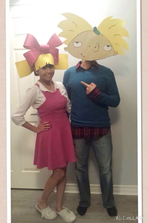 Hey Arnold Halloween Costume! #heyarnold #helga #arnold #helgapataki #halloween #90s #footballhead #halloweencostume #throwbackcostume #moveitfootballhead Hey Arnold Costume, 90s Cartoon Costumes, 90s Inspired Halloween Costumes, Arnold Helga, Iconic Halloween Costumes, 90s Halloween Costumes, Great Costume Ideas, Comic Con Costumes, Great Halloween Costumes