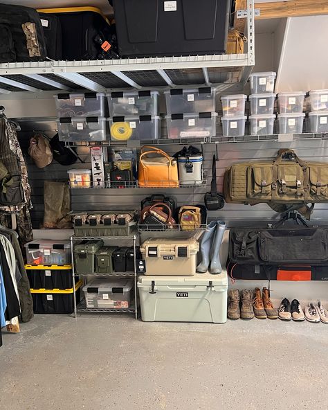 #garage #garagegym #garagelife #toolbox #yeti #garageorganization #homeorganizer Garage Hunting Storage, Hunting Garage, Garage Wall Storage, Garage Gym, Garage Walls, Garage Design, Dream Garage, Garage Organization, Wall Storage