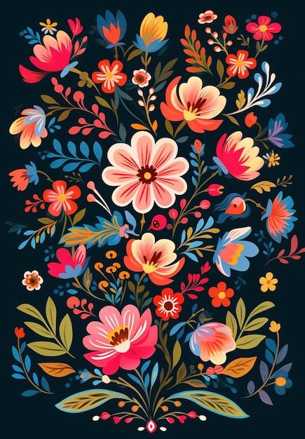 Mexican Flower Background, Iranian Pattern, Colorful Floral Arrangement, Painting Ideas For Home, Vital Spring, Rosemaling Pattern, Black Background Painting, Mums Birthday, Swatch Book