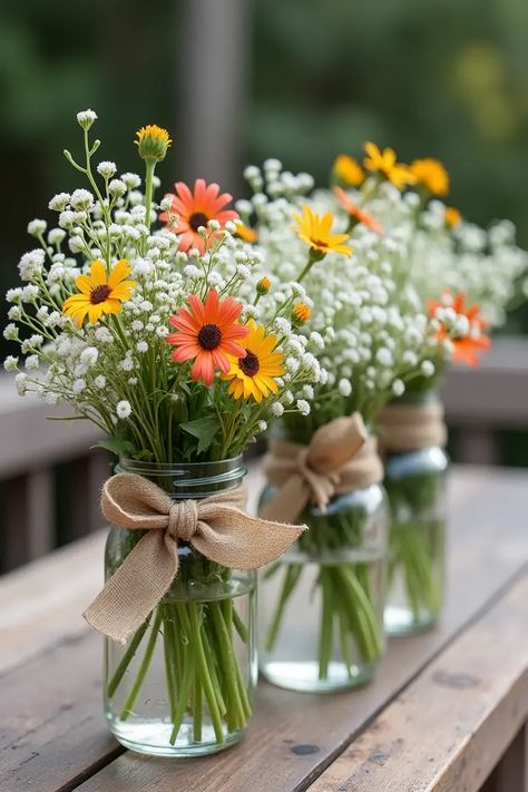 22 Simple Wedding Centerpieces That’ll Wow Your Guests  - PartyGleam Very Simple Centerpieces, Milk Jar Flower Arrangements, Wedding Table Decorations Without Flower, Simple Flower Table Arrangements, Wedding Flower Arrangements For Tables, Flowers In Mason Jars Wedding, Simple Event Centerpieces, Wedding Simple Centerpieces Diy, Mason Jar Wedding Decorations