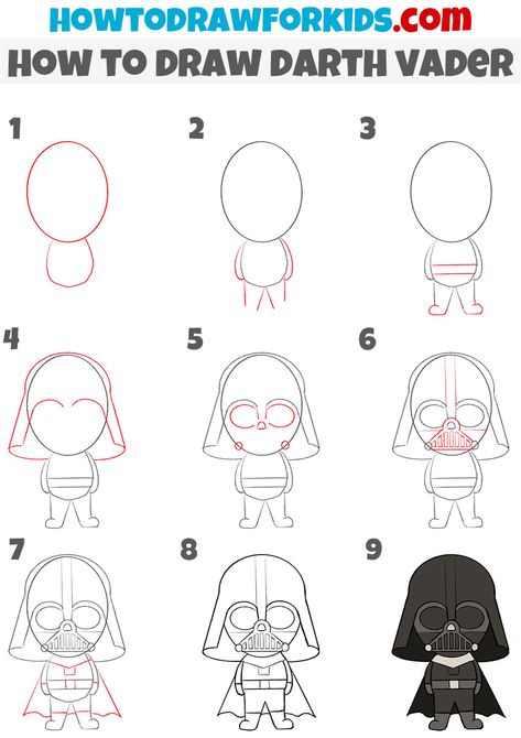 How to Draw Darth Vader - Easy Drawing Tutorial For Kids Darth Vader Cartoon Drawing, Darth Vader Easy Drawing, How To Draw Darth Vader Step By Step, Darth Vader Drawing Sketches, Darth Vader Doodle, Star Wars Drawings Easy Step By Step, Darth Vader Painting Easy, Easy Starwars Drawing, How To Draw Star Wars Step By Step