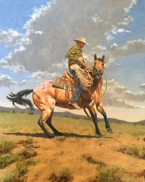 Amanda Cowan, Rattled, oil, 20 x 16. - Southwest Art Magazine Cowboy Horse Art, Jack Sorenson, Western Artwork, Eagle Pictures, Western Artist, Cowboy Horse, Women Artists, Art Magazine, Cowboy Art