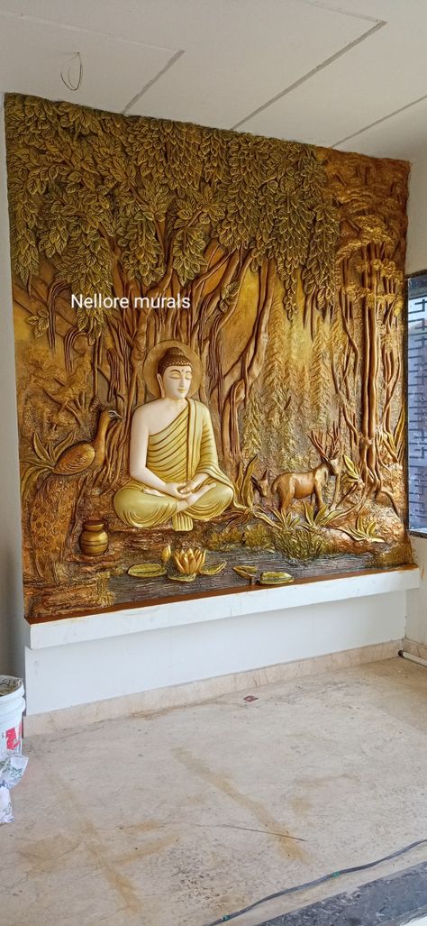 Buddha Wall Art Living Room, Buddha Wall Design, Buddha Wall Decor Living Room, Buddha Murals Wall Art, Buddha Mural Painting, Indian Mural Wall Art, Home Entrance Decor Indian, Buddha Wall Decor Interior Design, Buddha Room Design