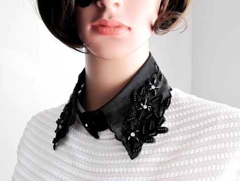 Black Organza Tulle Detachable Collar Embellishment With | Etsy Embroidery Organza, Detachable Collar, Sewing Accessories, White Collar, Black Beads, Gifts Ideas, Stones And Crystals, Crystal Beads, Embellishments