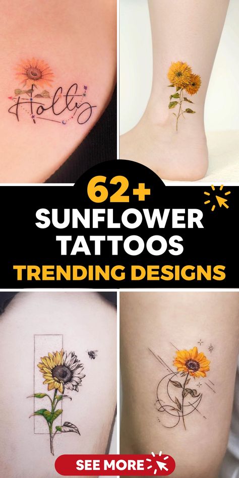 Embrace the timeless allure of sunflower tattoos to infuse your skin with artistic brilliance. Delve into a realm of floral creativity featuring designs that embody the spirit of sunshine and optimism. Whether you fancy a lively arrangement of sunflowers or a solitary elegant bloom, there exists a tattoo to uplift your spirits. Allow the symbolism of joy and affection to radiate from your inked masterpiece, spreading happiness wherever you go. Discover inspiration in the beauty and positivity en Sunflower Tattoo Meaning, Sunflower Tattoo Simple, Tattoo Concepts, Black Cat Tattoos, Small Sunflower, Sunflower Tattoos, Sunflower Tattoo Design, Sunflower Tattoo, Watercolor Sunflower