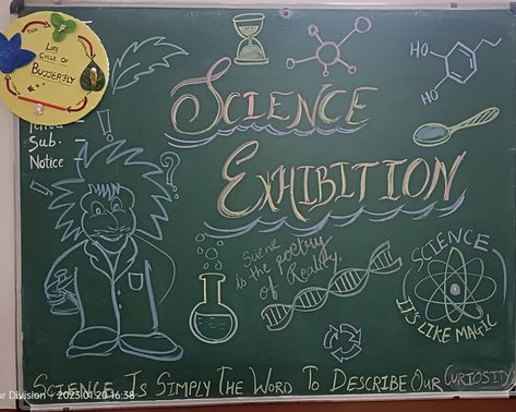 Science Exhibition Board Decoration, Black Board Decoration, Black Board Decoration Ideas School, Notice Board Decoration, Science Exhibition Ideas, Teacher Meeting, Board Decoration Ideas, School Chalkboard Art, Science Exhibition