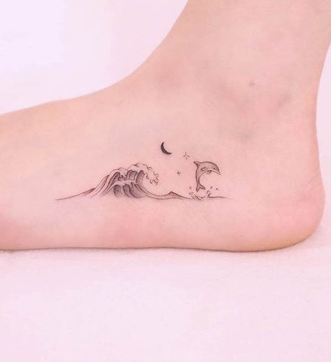 Dolphin Beach Tattoo, Ankle Dolphin Tattoo, Wave Dolphin Tattoo, Dolphin Tattoo Realistic, Pacific Ocean Tattoo, Dolphin Wave Tattoo, Small Dolphin Tattoo Simple, Sea Tatoos The Ocean, Tiny Dolphin Tattoo