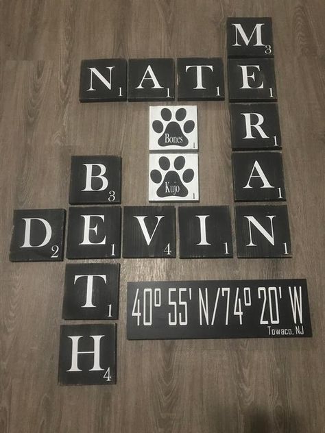 Scrabble Wall Tiles, Scrabble Wall Decor, Large Scrabble Tiles, Picture Walls, Scrabble Tile Wall Art, Command Centers, Custom Family Signs, Scrabble Wall Art, Scrabble Board