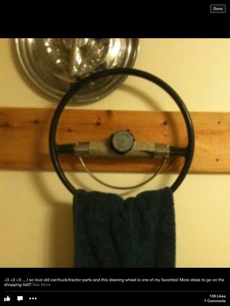 Old steering wheel towel rack Car Part Art, Car Parts Decor, Old Car Parts, Garage Bathroom, Man Cave Bathroom, Diy Projects For Men, Car Part Furniture, Automotive Furniture, Car Furniture