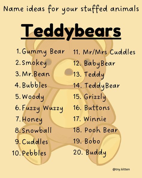 Heres a bunch of name suggestions for your stuffies!!!🥰 Stuffed Animal Names Ideas, Plushie Name Ideas, Stuffie Names, Teddy Bear Names Ideas, Names For Teddy Bears, Plushie Names, Stuffed Animal Names, Fun Names, Best Character Names