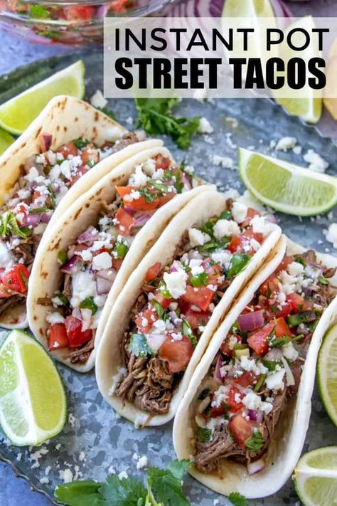 Easy, tender and delicious these Instant Pot Street Tacos are simple recipe quickly made in the instant pot and filled with amazing Mexican flavor. #tacos #instantpot #beef #steak #recipe #weeknightmeal #easyrecipe Chuck Roast Street Tacos Instant Pot, Instapot Beef Tacos, Instapot Street Tacos, Mexican Food Recipes Instant Pot, Instant Pot Beef Tacos, Instapot Mexican Recipes, Pressure Cooker Tacos, Street Tacos Instant Pot, Instant Pot Street Tacos