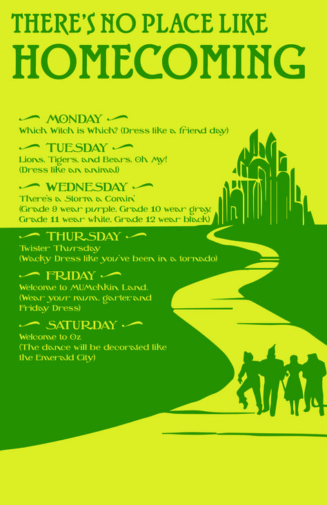 There’s No Place Like Homecoming Theme, Wizard Of Oz Spirit Week Ideas, Fun Homecoming Themes, Themes For Spirit Week, No Place Like Homecoming Theme, Home Sweet Homecoming Theme, High School Themes Spirit Weeks, College Homecoming Themes, Hocoming Ideas Theme