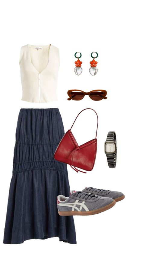 Picnic In The Park Outfit, Flowy Denim Skirt Outfit, Flowy Denim Skirt, Outfit Picnic, Flop Era, Picnic Outfit, Italian Summer Outfits, Skirt Knit, Spring Picnic